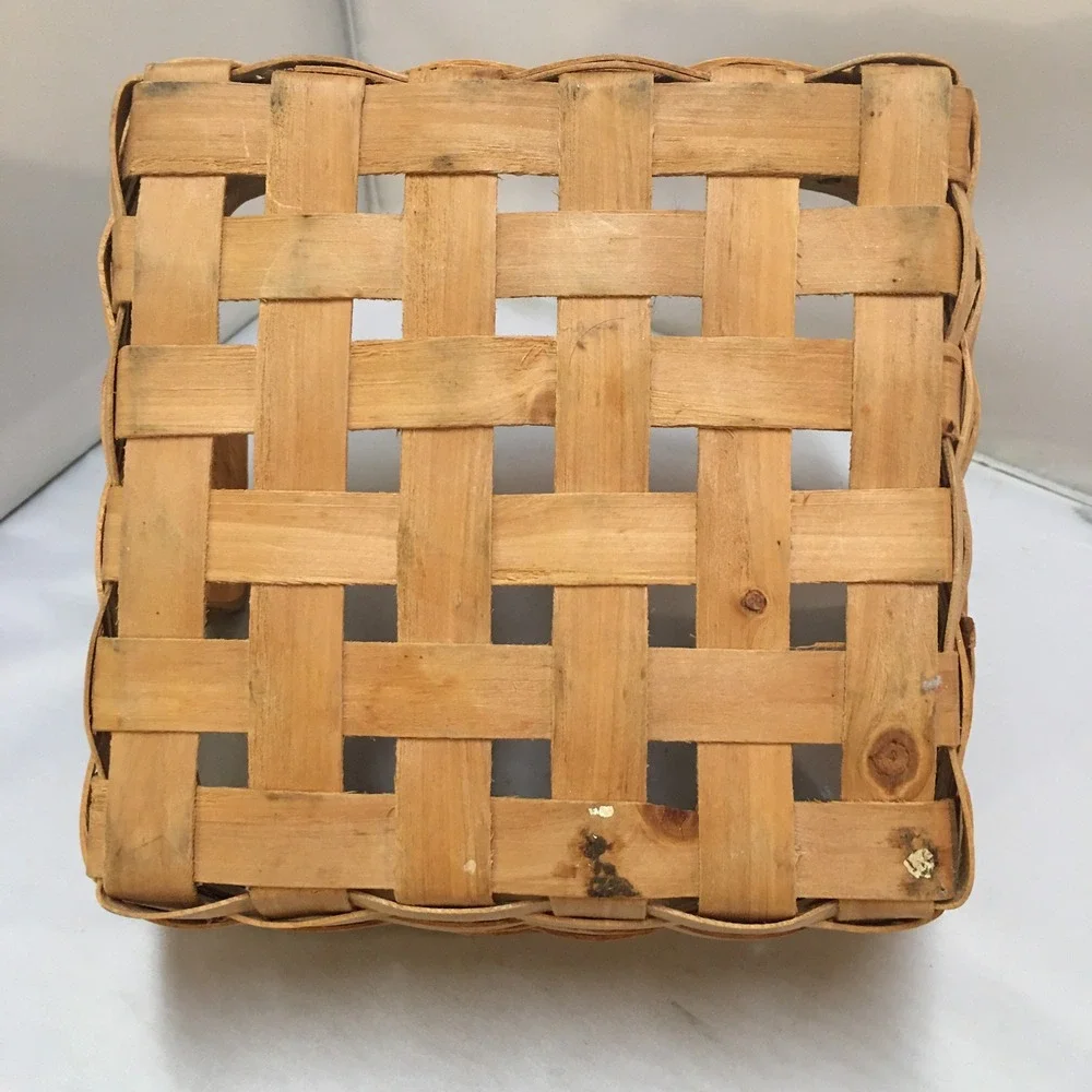 Woven Wood Splint Square Basket Medium Brown Farmhouse Decor Cottagecore Handles